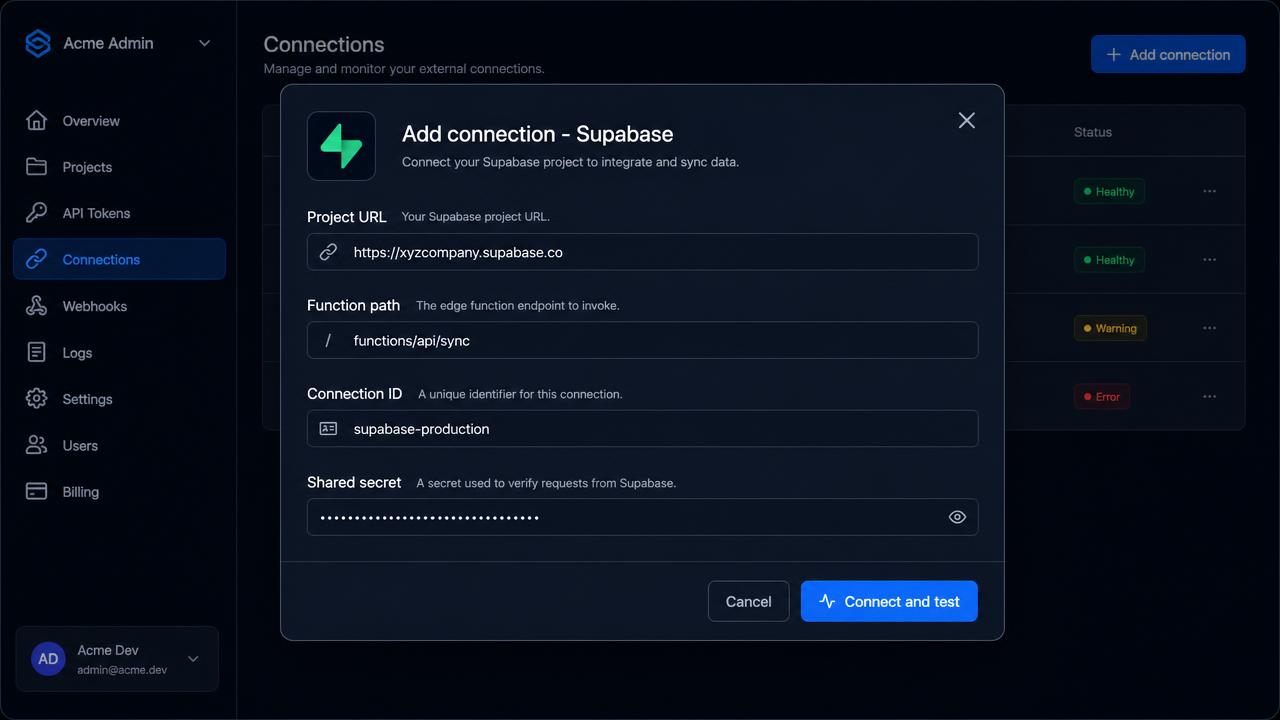 The Add connection dialog in AI Explorer Media with the Supabase fields filled in
